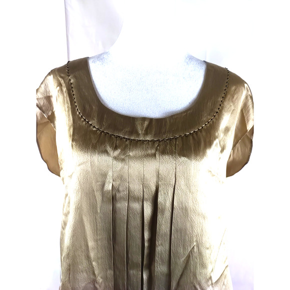 Talbot's Women's Sleeveless Top Size 10 Tan/Gold 100% Silk Beaded Pleats - Picture 2 of 9